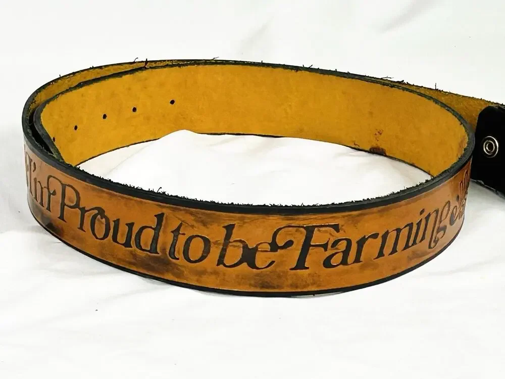 Vtg Mens Tooled Leather Belt Proud To Be Farming Sz 42
